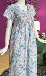 Lavender/Blue Floral Smocking Soft Cotton Nighty. Soft Breathable Fabric | Laces and Frills