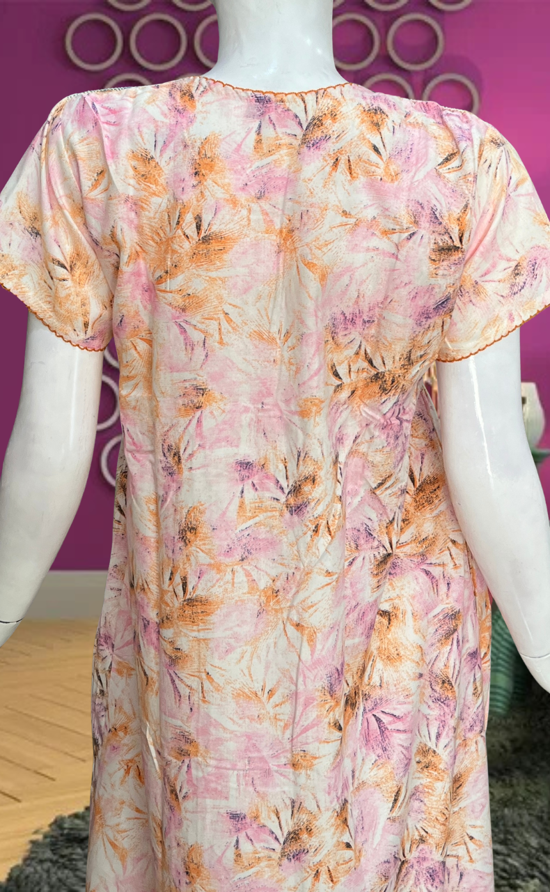 Peach/Pink Floral Smocking Soft Cotton Nighty. Soft Breathable Fabric | Laces and Frills