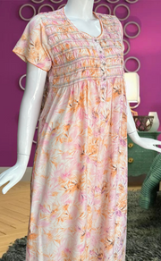 Peach/Pink Floral Smocking Soft Cotton Nighty. Soft Breathable Fabric | Laces and Frills