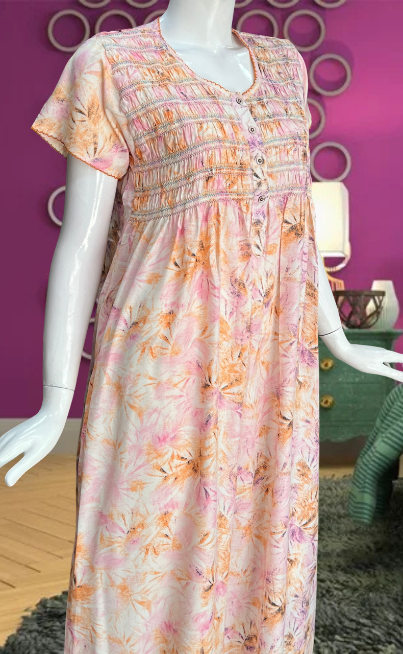 Peach/Pink Floral Smocking Soft Cotton Nighty. Soft Breathable Fabric | Laces and Frills