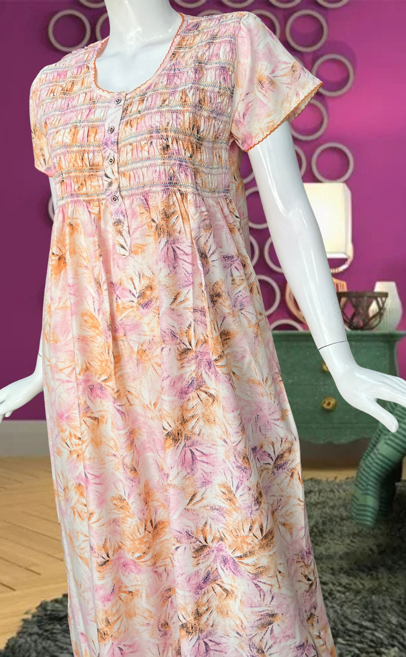 Peach/Pink Floral Smocking Soft Cotton Nighty. Soft Breathable Fabric | Laces and Frills