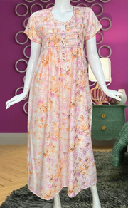 Peach/Pink Floral Smocking Soft Cotton Nighty. Soft Breathable Fabric | Laces and Frills