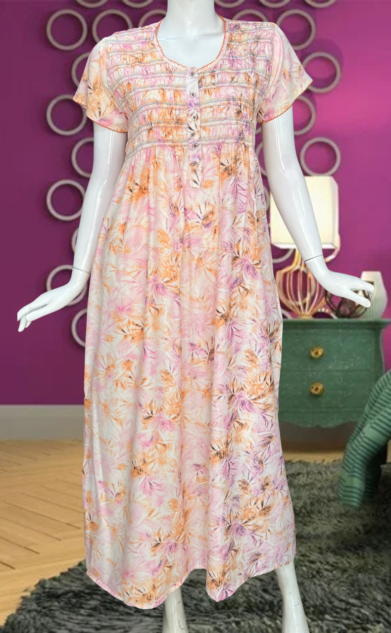 Peach/Pink Floral Smocking Soft Cotton Nighty. Soft Breathable Fabric | Laces and Frills