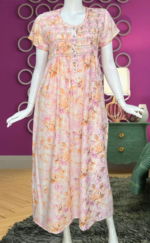 Peach/Pink Floral Smocking Soft Cotton Nighty. Soft Breathable Fabric | Laces and Frills