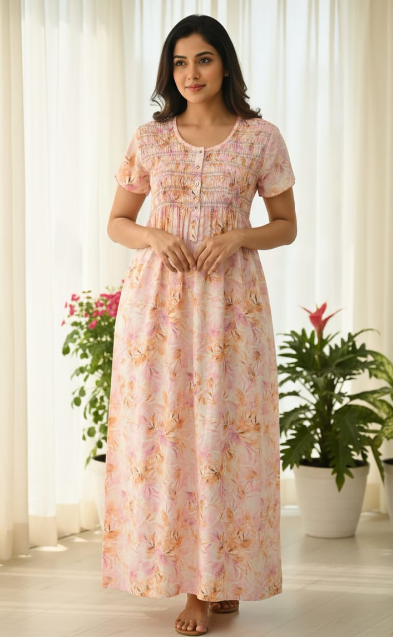 Peach/Pink Floral Smocking Soft Cotton Nighty. Soft Breathable Fabric | Laces and Frills