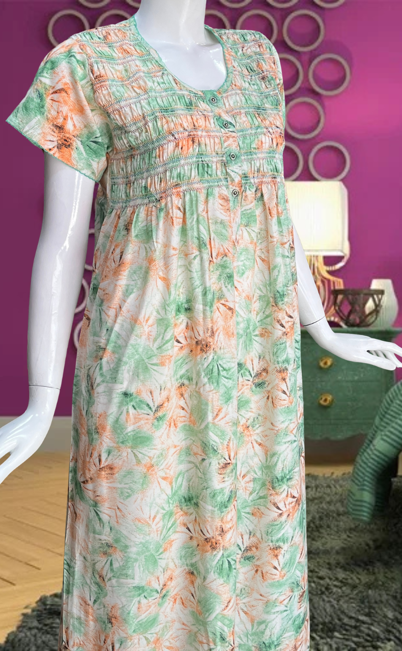 Green/Orange Floral Smocking Soft Cotton Nighty. Soft Breathable Fabric | Laces and Frills