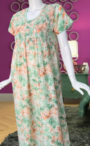 Green/Orange Floral Smocking Soft Cotton Nighty. Soft Breathable Fabric | Laces and Frills