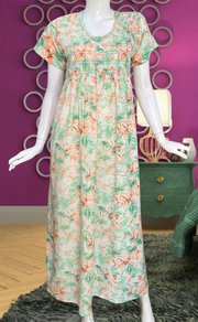 Green/Orange Floral Smocking Soft Cotton Nighty. Soft Breathable Fabric | Laces and Frills