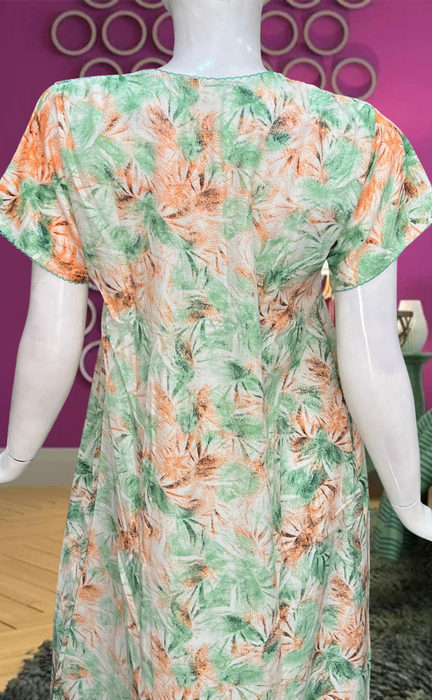 Green/Orange Floral Smocking Soft Cotton Nighty. Soft Breathable Fabric | Laces and Frills