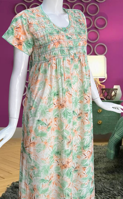 Green/Orange Floral Smocking Soft Cotton Nighty. Soft Breathable Fabric | Laces and Frills