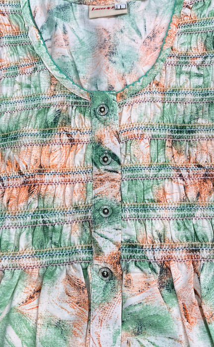 Green/Orange Floral Smocking Soft Cotton Nighty. Soft Breathable Fabric | Laces and Frills