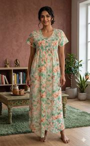 Green Floral Smocking Soft Cotton Nighty. Soft Breathable Fabric | Laces and Frills - Laces and Frills