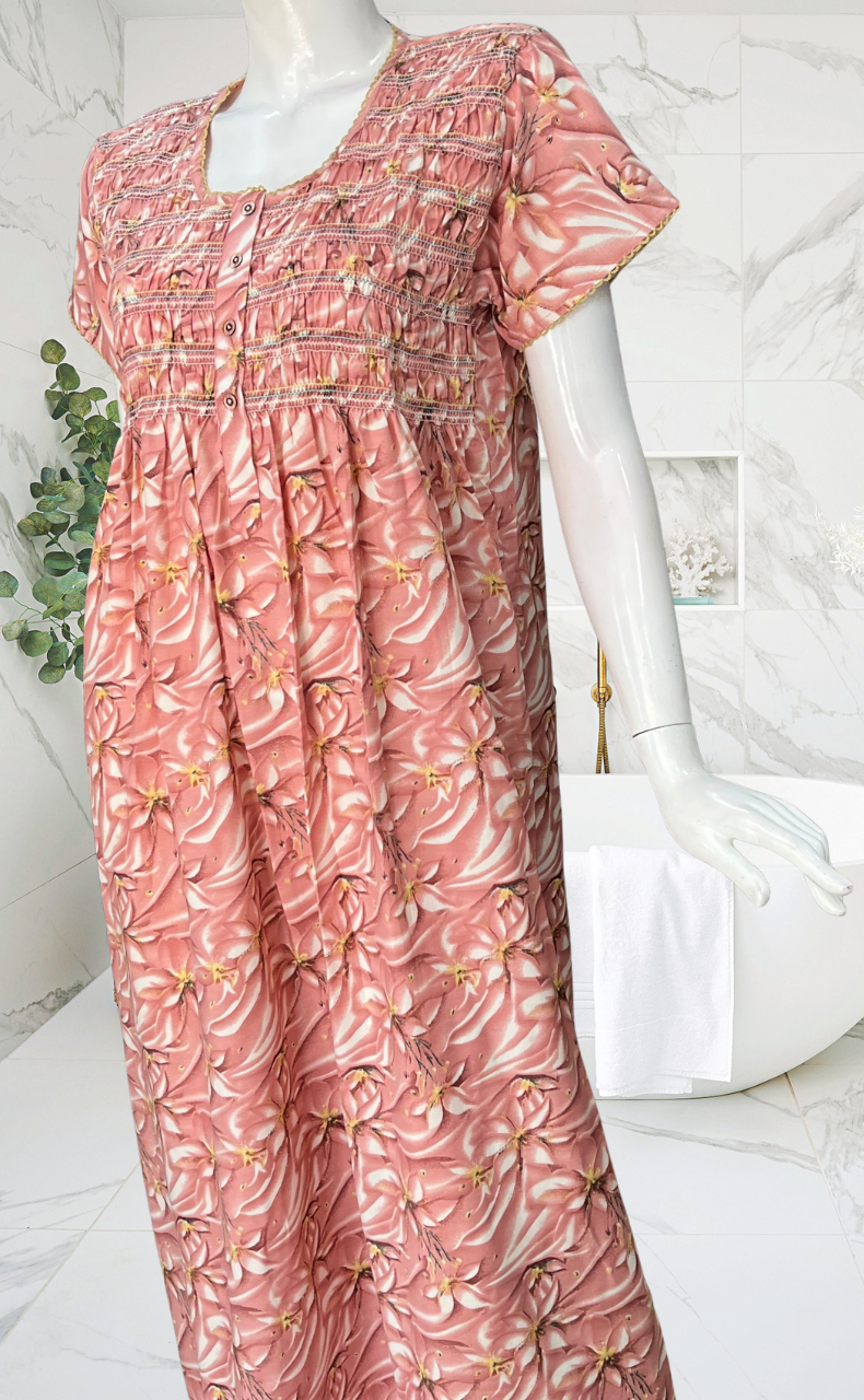 Ballerina Pink Floral Smocking Soft Cotton Nighty. Soft Breathable Fabric | Laces and Frills