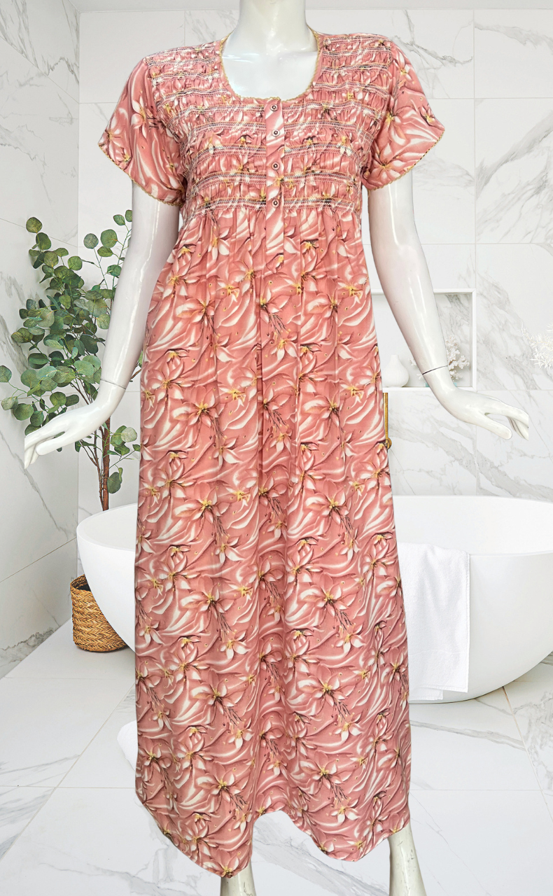 Ballerina Pink Floral Smocking Soft Cotton Nighty. Soft Breathable Fabric | Laces and Frills