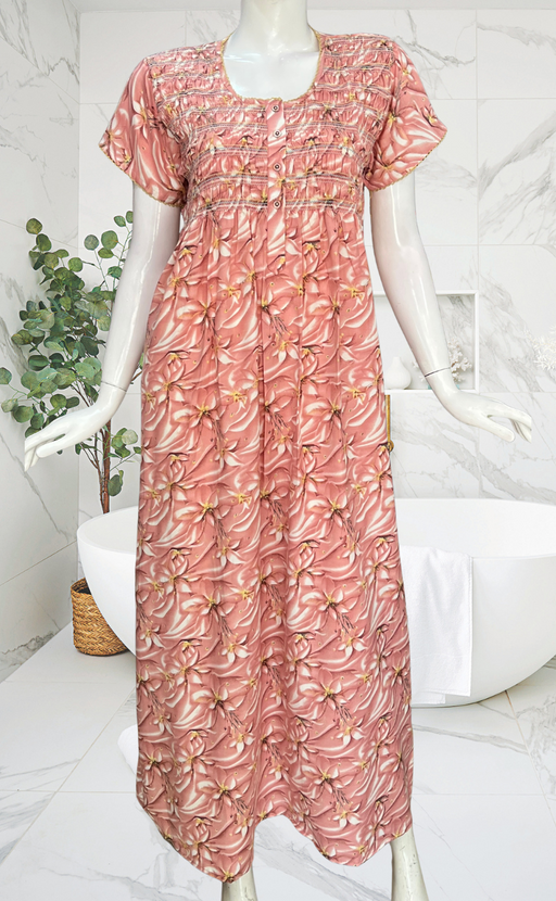 Ballerina Pink Floral Smocking Soft Cotton Nighty. Soft Breathable Fabric | Laces and Frills