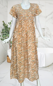 Light Brown Floral Smocking Soft Cotton Nighty. Soft Breathable Fabric | Laces and Frills
