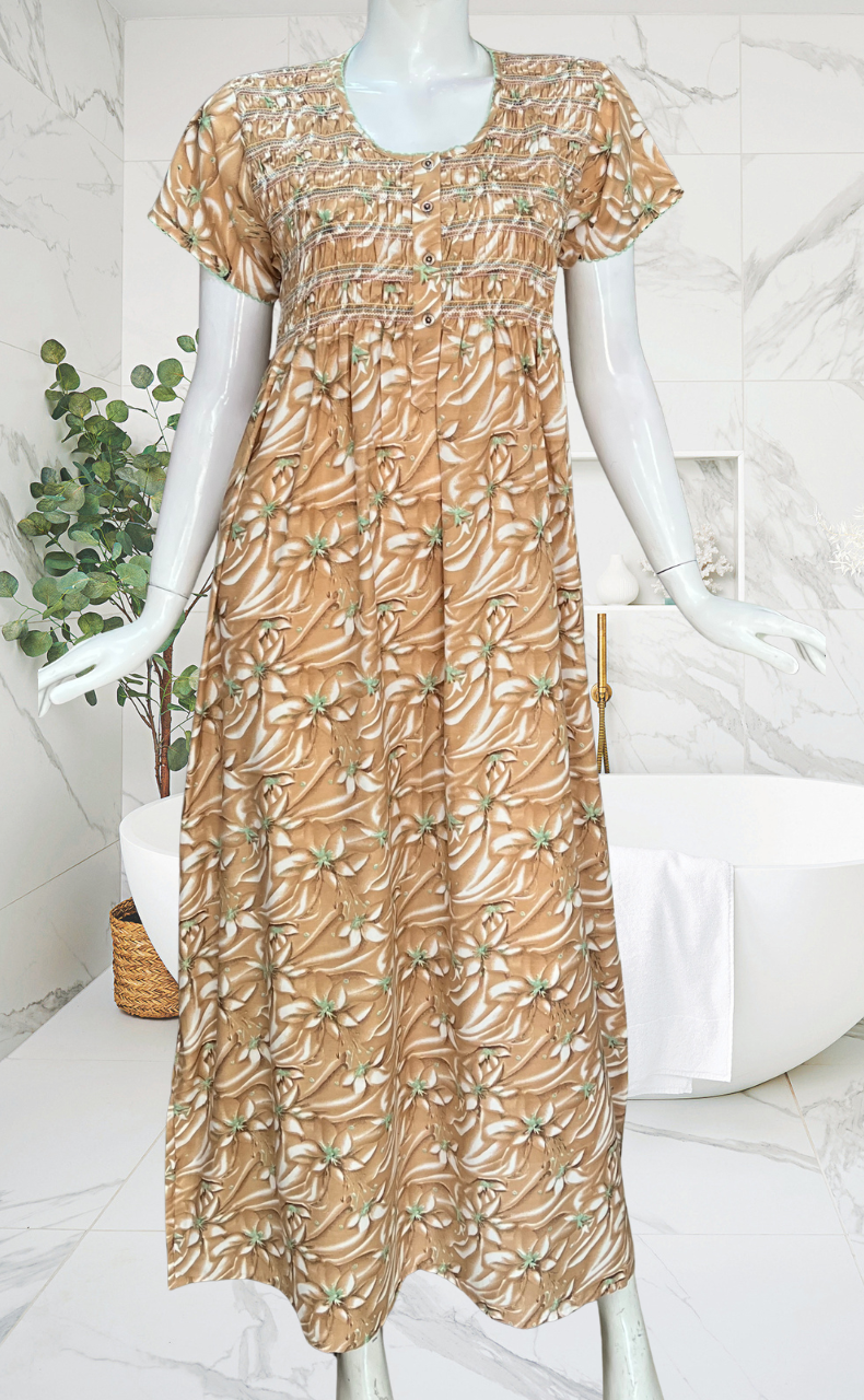 Light Brown Floral Smocking Soft Cotton Nighty. Soft Breathable Fabric | Laces and Frills