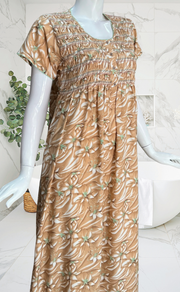 Light Brown Floral Smocking Soft Cotton Nighty. Soft Breathable Fabric | Laces and Frills