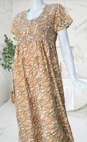Light Brown Floral Smocking Soft Cotton Nighty. Soft Breathable Fabric | Laces and Frills