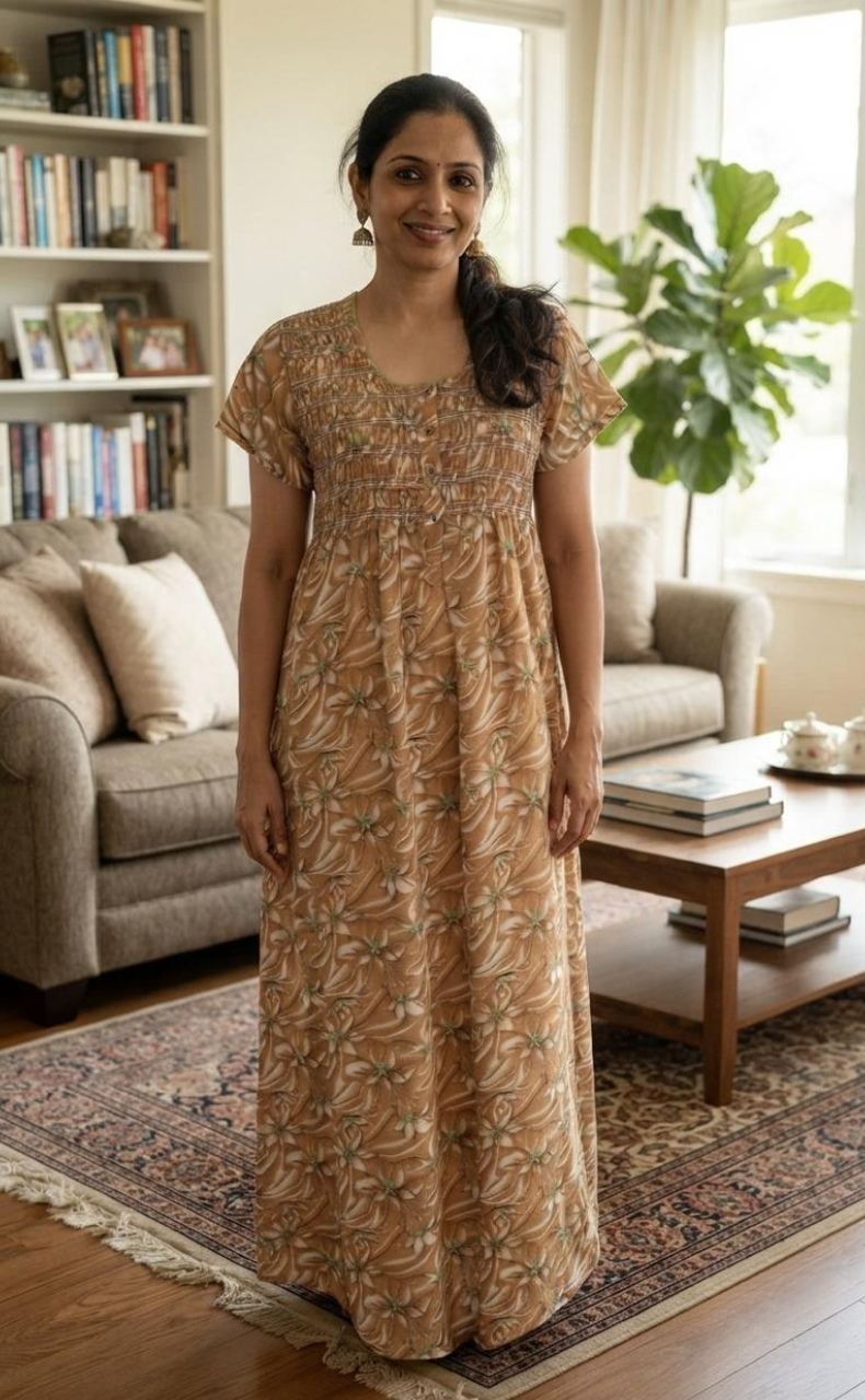 Light Brown Floral Smocking Soft Cotton Nighty. Soft Breathable Fabric | Laces and Frills