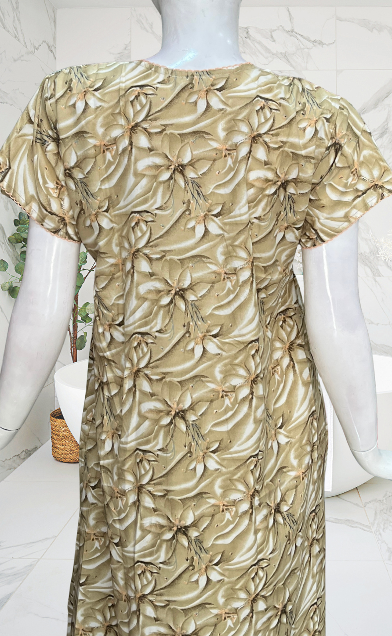 Ecru Colour Smocking Soft Cotton Nighty. Soft Breathable Fabric | Laces and Frills