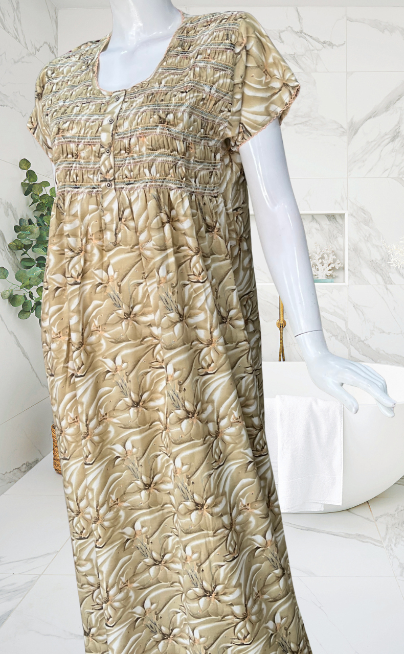 Ecru Colour Smocking Soft Cotton Nighty. Soft Breathable Fabric | Laces and Frills