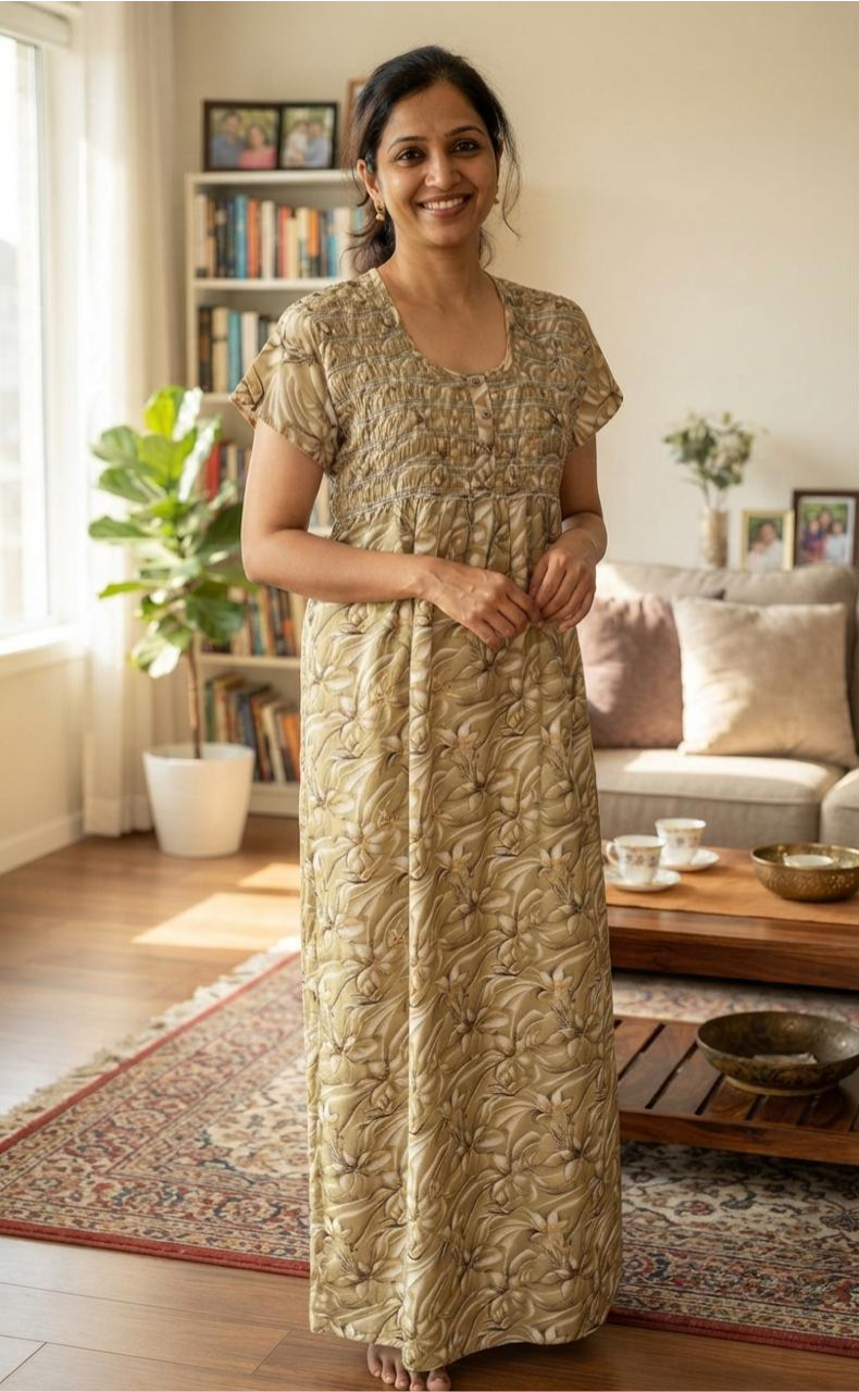Beige Floral Smocking Soft Cotton Nighty. Soft Breathable Fabric | Laces and Frills