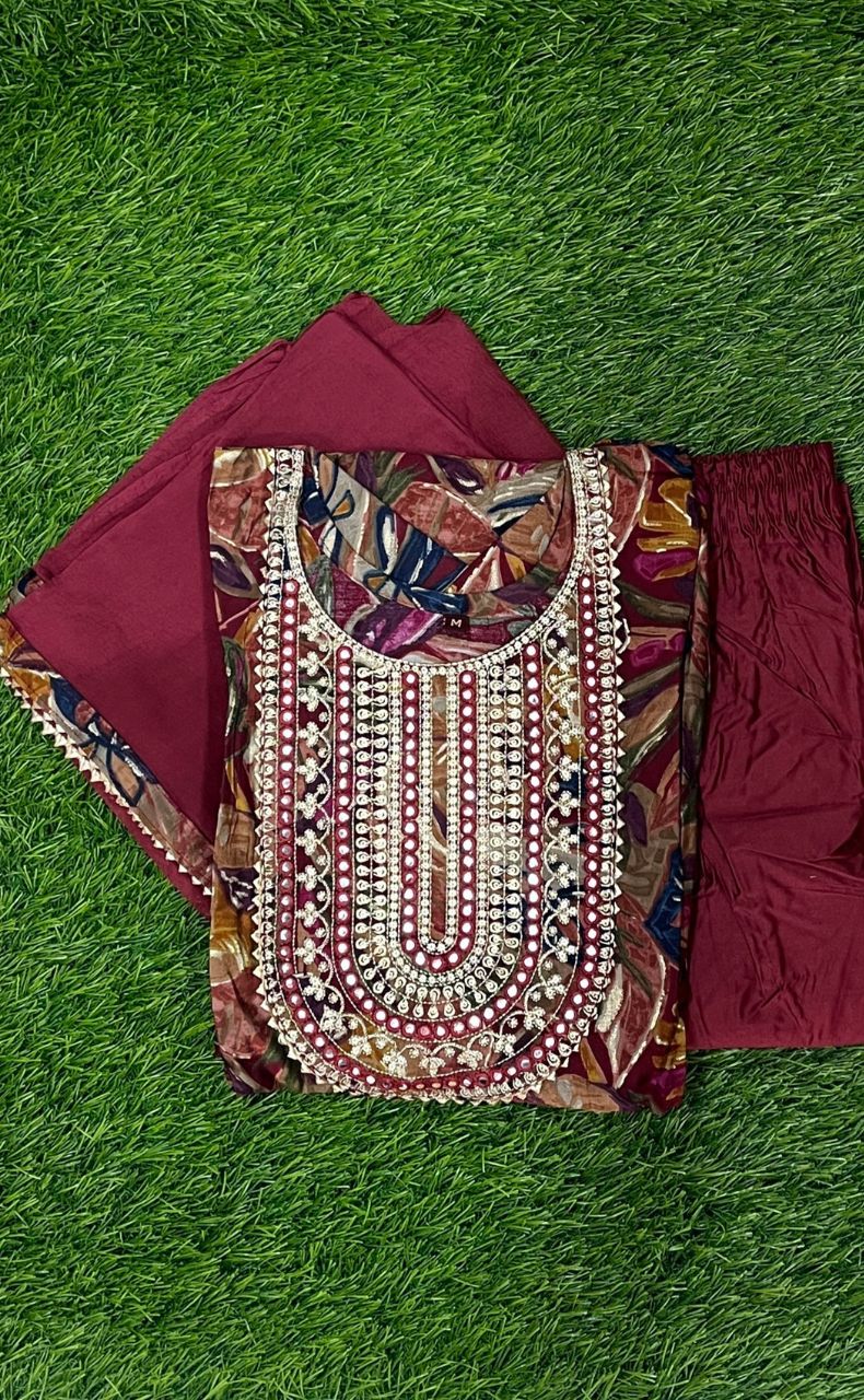 Maroon Garden Kurti With Pant And Dupatta Set. Versatile Muslin. | Laces and Frills - Laces and Frills