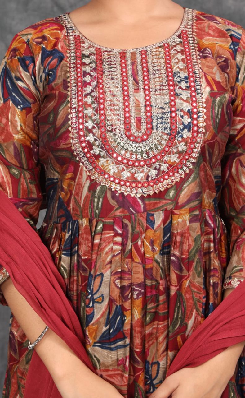 Maroon Garden Kurti With Pant And Dupatta Set. Versatile Muslin. | Laces and Frills - Laces and Frills