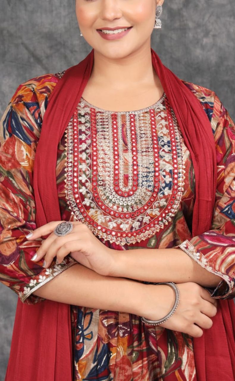 Maroon Garden Kurti With Pant And Dupatta Set. Versatile Muslin. | Laces and Frills - Laces and Frills
