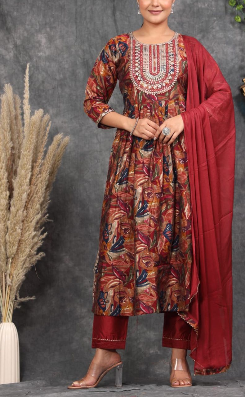 Maroon Garden Kurti With Pant And Dupatta Set. Versatile Muslin. | Laces and Frills - Laces and Frills