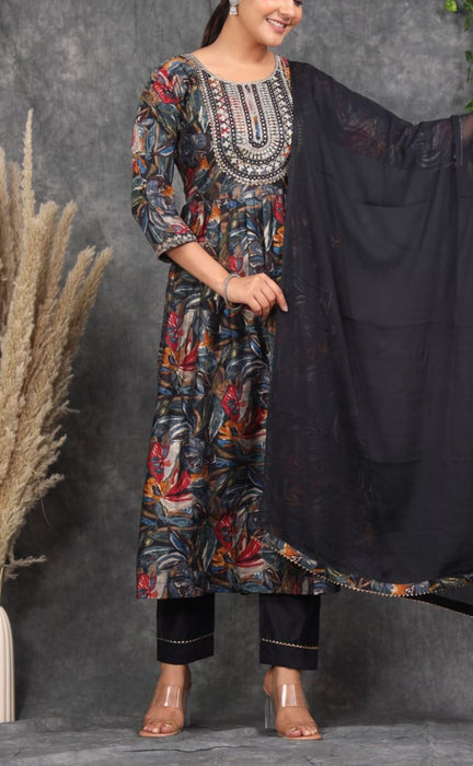 Black Garden Nyra Cut Kurti With Pant And Dupatta Set.Versatile Muslin. | Laces and Frills - Laces and Frills