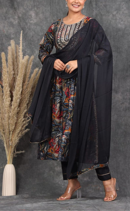 Black Garden Nyra Cut Kurti With Pant And Dupatta Set.Versatile Muslin. | Laces and Frills - Laces and Frills