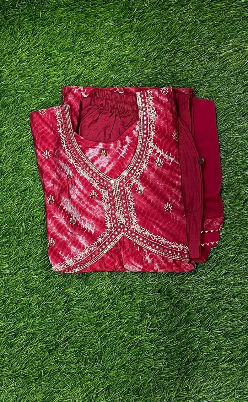 Red Garden Alia Cut Kurti With Pant And Dupatta Set. Versatile Muslin. | Laces and Frills - Laces and Frills