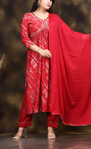 Red Garden Alia Cut Kurti With Pant And Dupatta Set. Versatile Muslin. | Laces and Frills - Laces and Frills