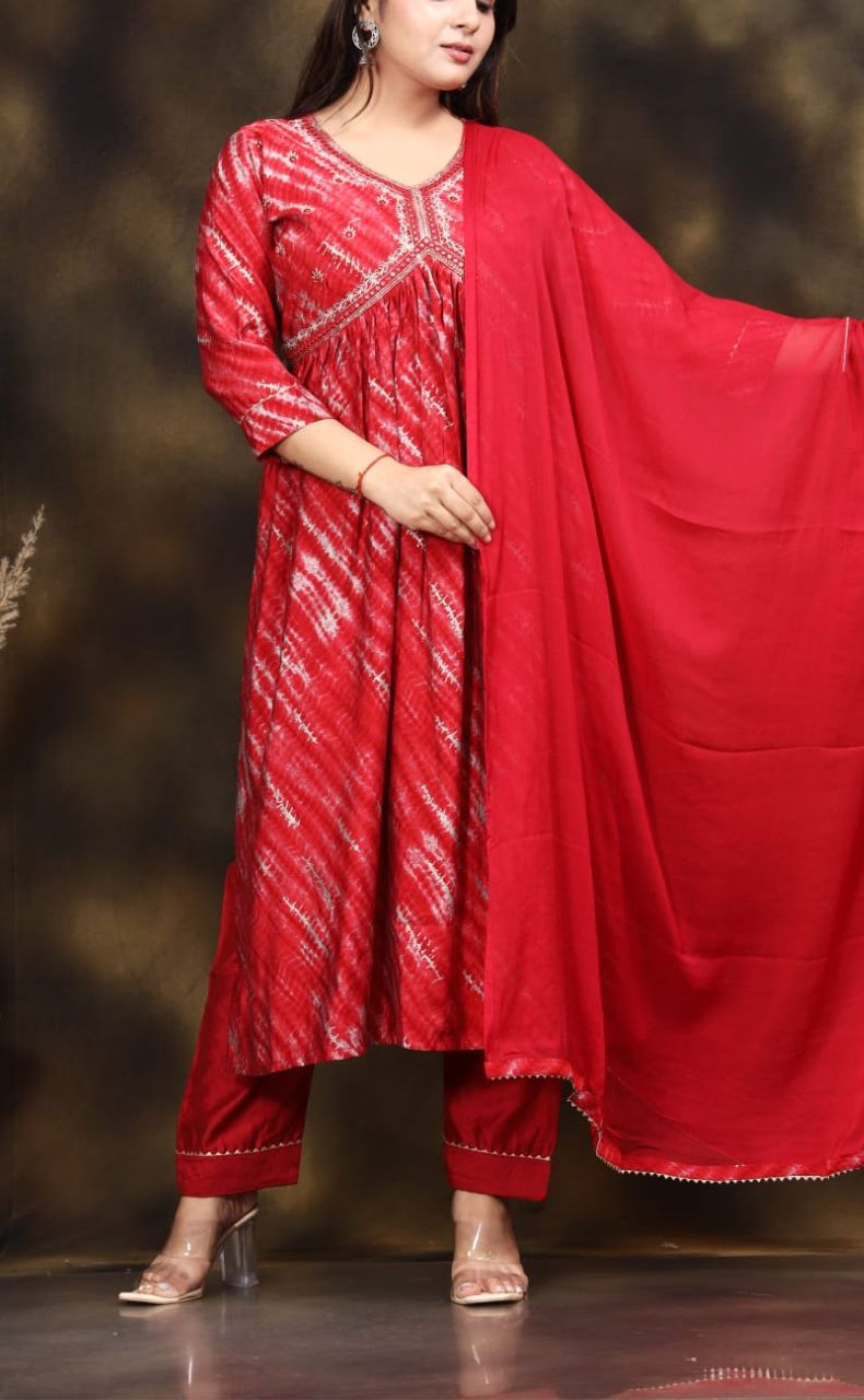 Red Garden Alia Cut Kurti With Pant And Dupatta Set. Versatile Muslin. | Laces and Frills - Laces and Frills