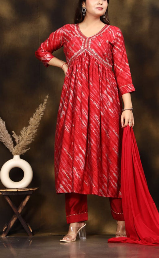 Red Garden Alia Cut Kurti With Pant And Dupatta Set. Versatile Muslin. | Laces and Frills - Laces and Frills
