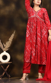 Red Garden Alia Cut Kurti With Pant And Dupatta Set. Versatile Muslin. | Laces and Frills - Laces and Frills