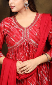 Red Garden Alia Cut Kurti With Pant And Dupatta Set. Versatile Muslin. | Laces and Frills - Laces and Frills