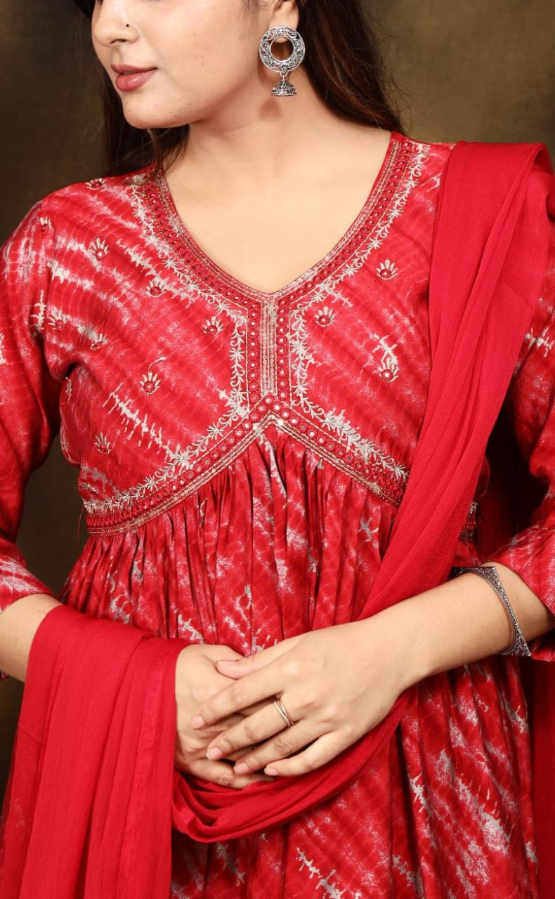 Red Garden Alia Cut Kurti With Pant And Dupatta Set. Versatile Muslin. | Laces and Frills - Laces and Frills