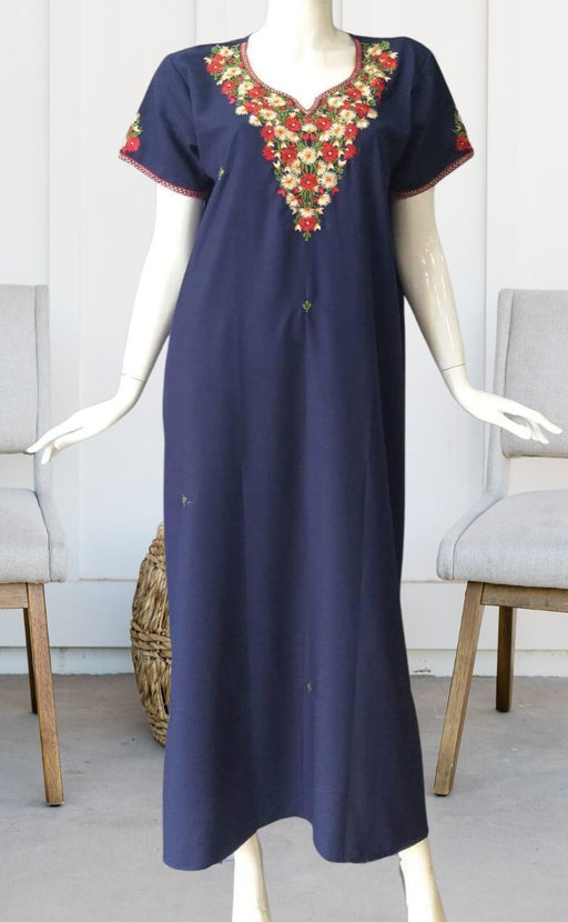 Navy Blue Kashmiri Embroidery Soft XXL Nighty. Soft Breathable Fabric | Laces and Frills - Laces and Frills