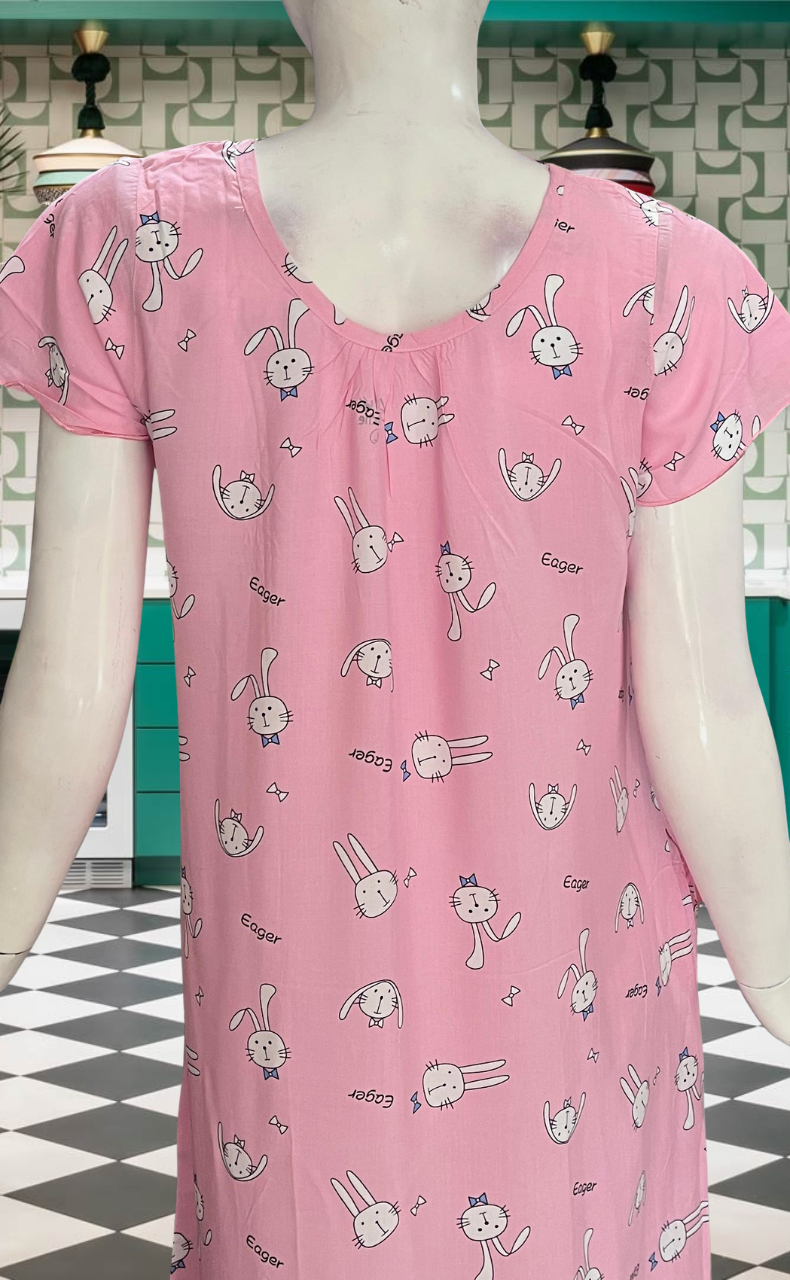 Pink Bunny Short Nighty  | Knee Length Nighty | Laces and Frills - Laces and Frills