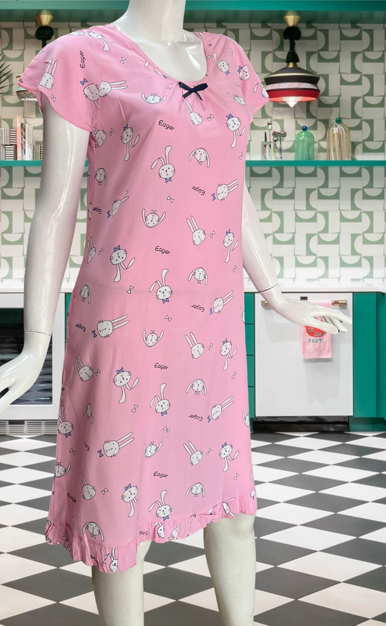 Pink Bunny Short Nighty  | Knee Length Nighty | Laces and Frills - Laces and Frills