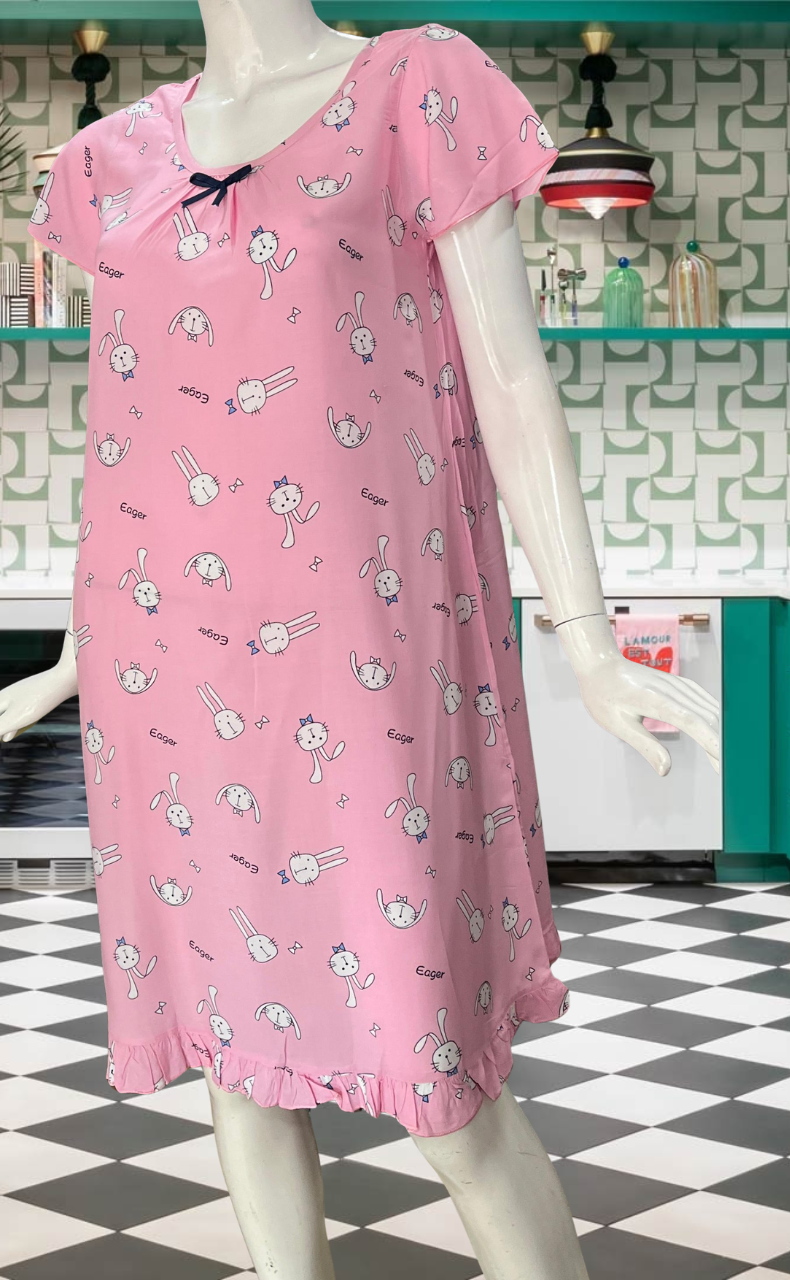 Pink Bunny Short Nighty  | Knee Length Nighty | Laces and Frills - Laces and Frills