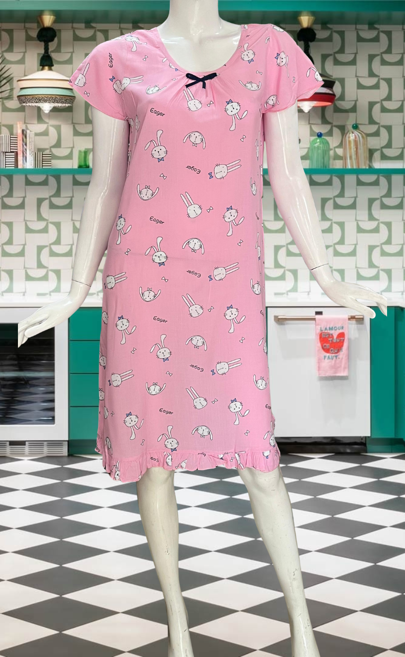 Pink Bunny Short Nighty  | Knee Length Nighty | Laces and Frills - Laces and Frills