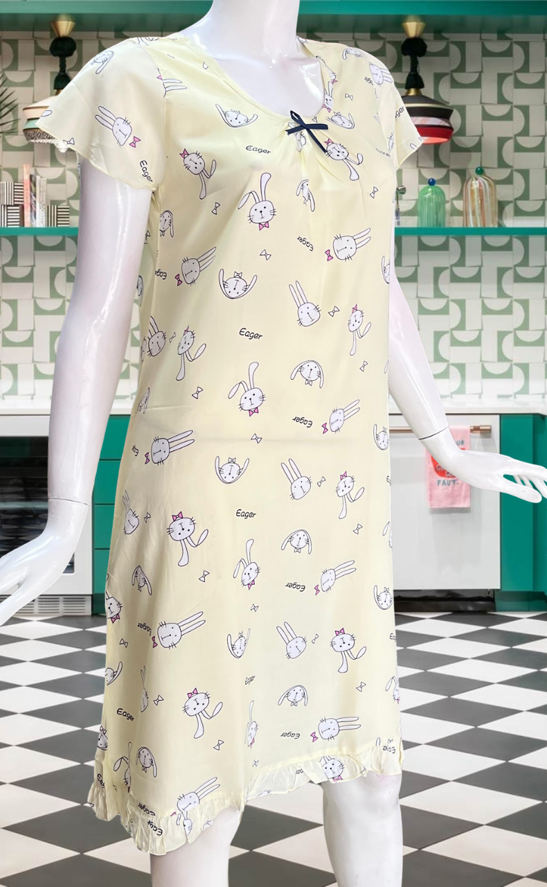 Off White Bunny Short Nighty | Knee Length Nighty | Laces and Frills - Laces and Frills