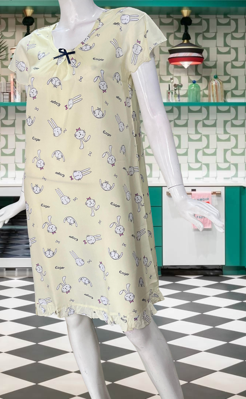 Off White Bunny Short Nighty | Knee Length Nighty | Laces and Frills - Laces and Frills