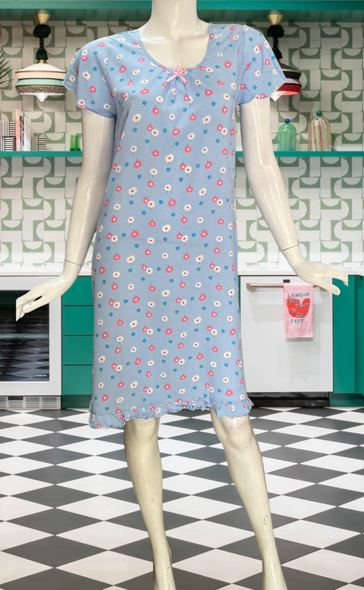 Blue Flora Short Nighty  | Knee Length Nighty | Laces and Frills - Laces and Frills