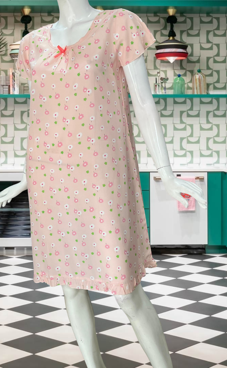 Peach Flora Short Nighty | Knee Length Nighty | Laces and Frills - Laces and Frills