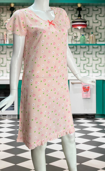 Peach Flora Short Nighty | Knee Length Nighty | Laces and Frills